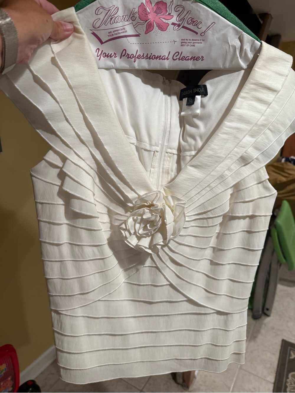 Tadashi Shoji Ivory Strapless Pleated Rosette Dress